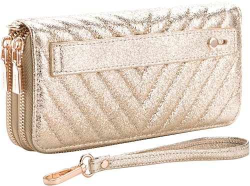 B BRENTANO Geldbörse aus veganem Leder mit doppeltem Reißverschluss und griffiger Handschlaufe, Gold / Glitzer, Geldbörse mit Handgriff von B BRENTANO