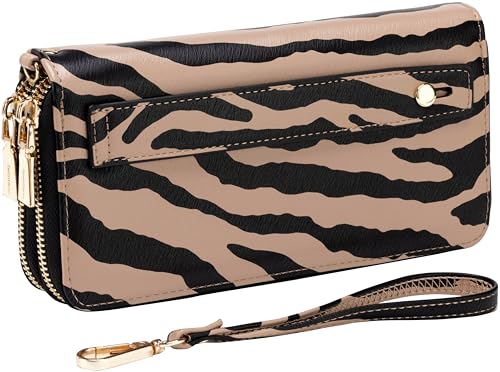 B BRENTANO Geldbörse aus veganem Leder mit doppeltem Reißverschluss und griffiger Handschlaufe, Nn Zebra Taupe, RFID-blockierende Geldbörse mit Handgriff und abnehmbarem Riemen von B BRENTANO