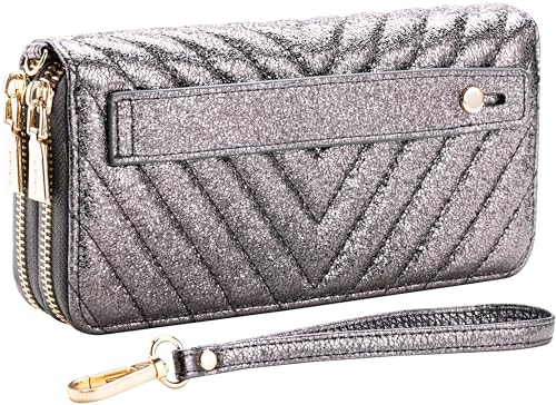 B BRENTANO Geldbörse aus veganem Leder mit doppeltem Reißverschluss und griffiger Handschlaufe, Zinn / glitzernd, Geldbörse mit Handgriff von B BRENTANO