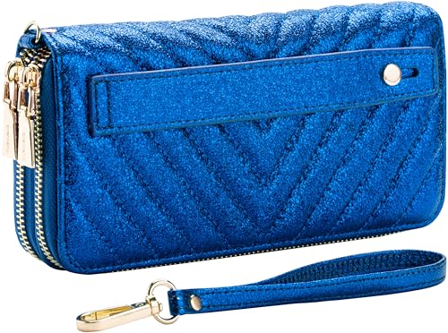 B BRENTANO Geldbörse aus veganem Leder mit doppeltem Reißverschluss und griffiger Handschlaufe, blau glitzernd, Geldbörse mit Handgriff von B BRENTANO