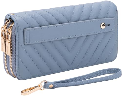 B BRENTANO Geldbörse aus veganem Leder mit doppelter Reißverschlusstasche und griffiger Handschlaufe, Chevron bestickt in Blau, Geldbörse mit Handgriff von B BRENTANO