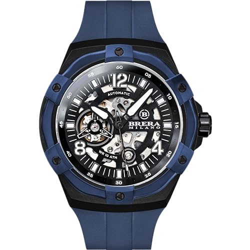 Brera Milano Herren-Armbanduhr Evo, 45 mm, automatisch, Gehäuse aus Stahl, schwarz, Zifferblatt schwarz, blaue Lünette, Armband aus Naturkautschuk, blau, Faltschließe schwarz, Ref. Bmssas4503f von B BRERA MILANO