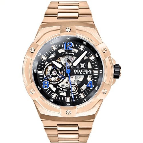 Brera Milano Herrenuhr Supersportlich Evo 45 mm Automatik Gehäuse Roségold, Zifferblatt schwarz Skelett - Armband Roségold von B BRERA MILANO