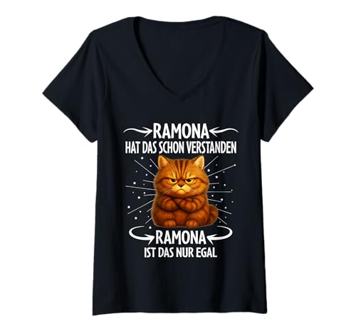 Damen Ramona hat das Schon verstanden Katze lustiger Spruch T-Shirt mit V-Ausschnitt von B!GUP Designs