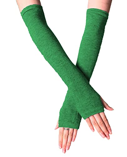 B-HOT Warme fingerlose Handschuhe, dehnbar, gestrickt, Daumenloch, Sonnenschutz, lange Arme, gestreift, grün, One size von B-HOT