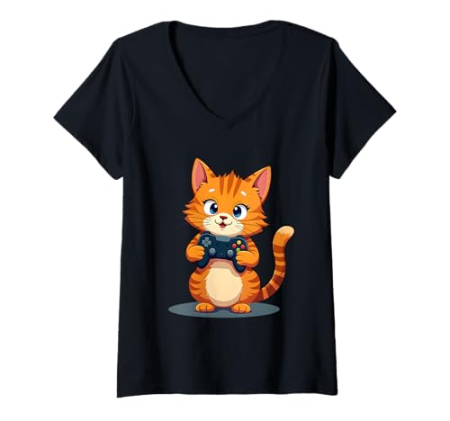 Damen Zocker Cat T-Shirt mit V-Ausschnitt Damen Zocker Cat T-Shirt mit V-Ausschnitt von B-K-R-Design