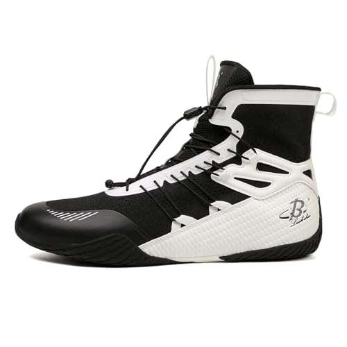 B LUCK SHOE Herren Boxschuhe Leichte High-Top Trainingsschuhe mit Kordelzug - Unterstützende Gym Schuhe für Kämpfer, Schwarz/Weiß, 38 EU von B LUCK SHOE