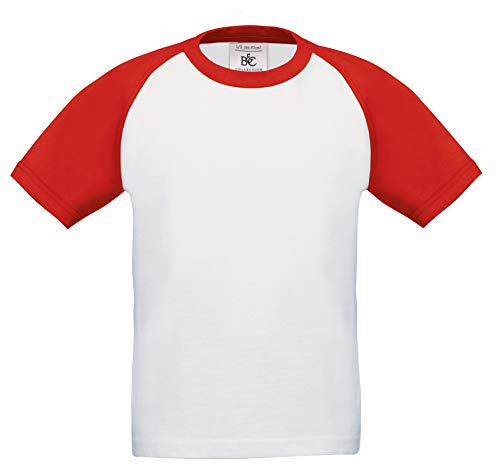 B&C Collection Kinder Baseball Kurzarm T-Shirt Jungen Mädchen Sport T-Shirt - Weiß Rot (7-8 Jahre) von B&C