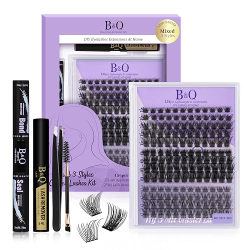 B&Q Wimpernverlängerung Set - 156 PCS Lash Extension Set mit Applikatoren, Kleber, Entferner und Pinsel für DIY Wimpern Extensions (B02+B19+B03) von B&Qaugen