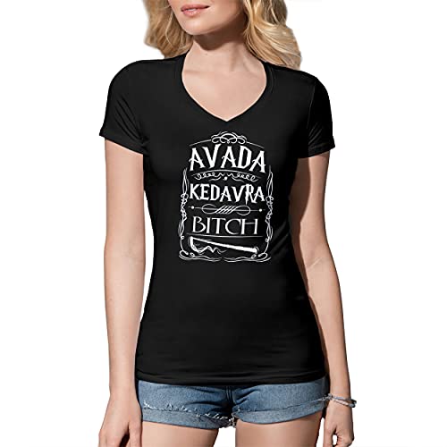 Avada Kedavra Bitch Potter Damen V-Ausschnitt Schwarz T-Shirt Size L von B&S Boutique