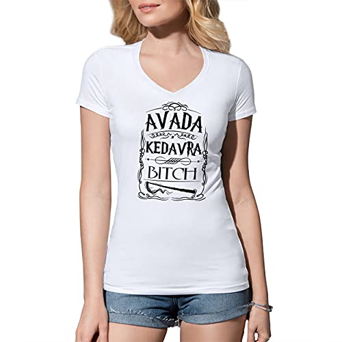 Avada Kedavra Bitch Potter Damen V-Ausschnitt Weißes T-Shirt Size M von B&S Boutique