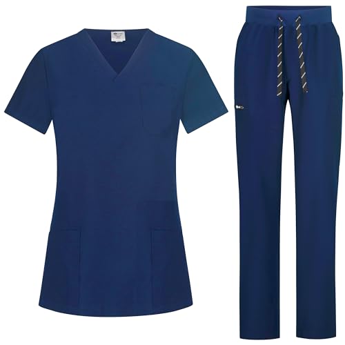 B-well BELLA Damen-Schrubb-Set Schlupfkasack + Schlupfhose Set Medizin Arzt Uniform Schlupfjacke Oberteil mit Hose Medizinische Berufsbekleidung mit Elastan (Dunkelblau, M) von B-well