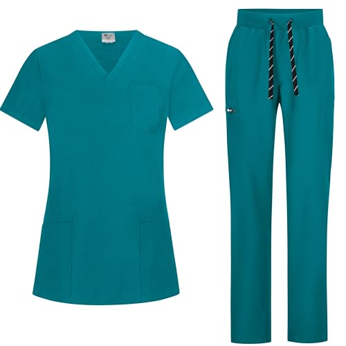 B-well BELLA Damen-Schrubb-Set Schlupfkasack + Schlupfhose Set Medizin Arzt Uniform Schlupfjacke Oberteil mit Hose Medizinische Berufsbekleidung mit Elastan (Karibik, S) von B-well