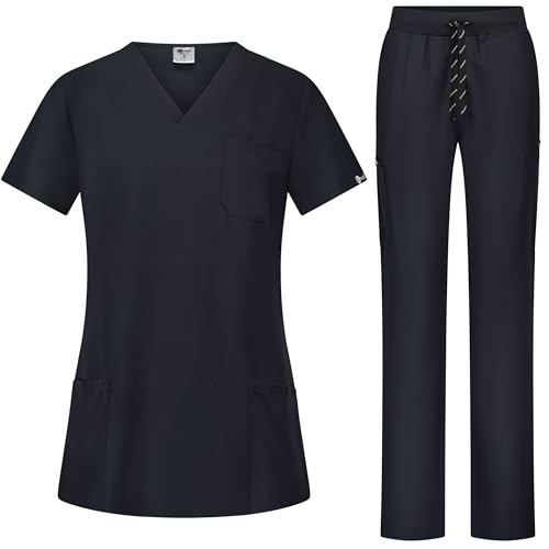 B-well BELLA Damen-Schrubb-Set Schlupfkasack + Schlupfhose Set Medizin Arzt Uniform Schlupfjacke Oberteil mit Hose Medizinische Berufsbekleidung mit Elastan (Schwarz, 2XL) von B-well