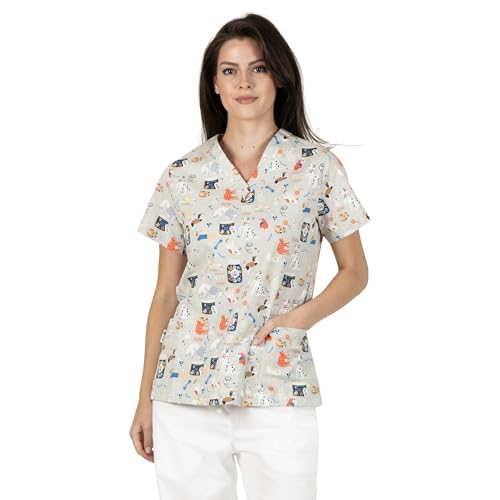 B-well Bambina Schlupfkasack Damen Kasack Kurzarm V-Ausschnitt Kasacks Damen Pflege Motiv (Hunde + Katzen, XS) von B-well