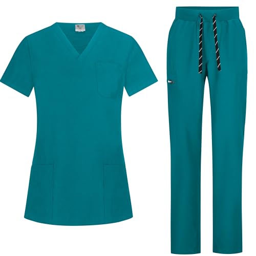 B-well Bella Damen-Schrubb-Set Schlupfkasack + Schlupfhose Set Medizin Arzt Uniform Schlupfjacke Oberteil mit Hose Medizinische Berufsbekleidung mit Elastan (Karibik, XS) von B-well