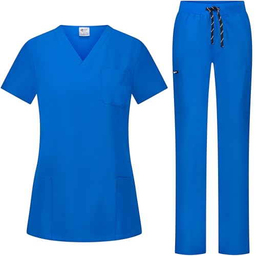 B-well BELLA Damen-Schrubb-Set Schlupfkasack + Schlupfhose Set Medizin Arzt Uniform Schlupfjacke Oberteil mit Hose Medizinische Berufsbekleidung mit Elastan (Königsblau, XL) von B-well