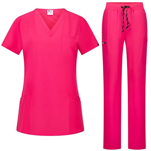 B-well Bella Damen-Schrubb-Set Schlupfkasack + Schlupfhose Set Medizin Arzt Uniform Schlupfjacke Oberteil mit Hose Medizinische Berufsbekleidung mit Elastan (Rosa, S) von B-well