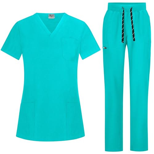 B-well Bella Damen-Schrubb-Set Schlupfkasack + Schlupfhose Set Medizin Arzt Uniform Schlupfjacke Oberteil mit Hose Medizinische Berufsbekleidung mit Elastan (Teal, 3XL) von B-well