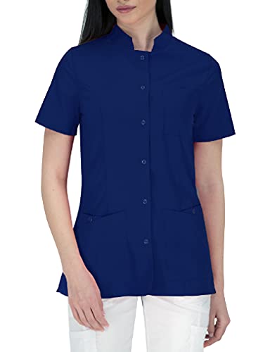 B-well Lisa Kasack mit Knopfen Schlupfkasack Damen Schlupfjacke Kurzarm 3 Taschen und verdeckter Befestigung mit Druckknöpfen (46, Blau) von B-well