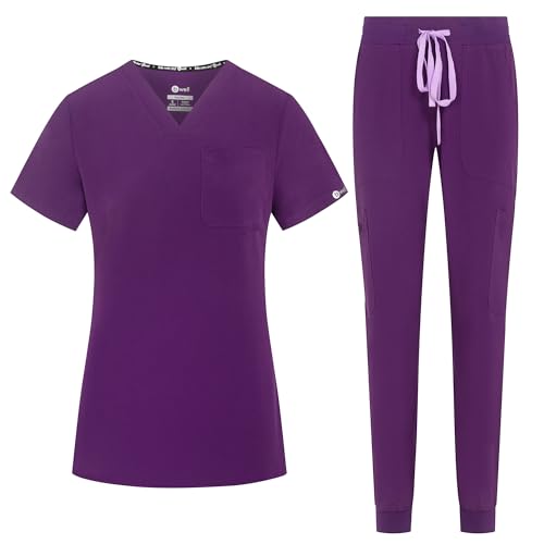 B-well Naomi Damen-Schrubb-Set Schlupfkasack + Schlupfhose Set Medizin Arzt Uniform Schlupfjacke Oberteil mit Hose Medizinische Berufsbekleidung mit Elastan (Aubergine, XL) von B-well