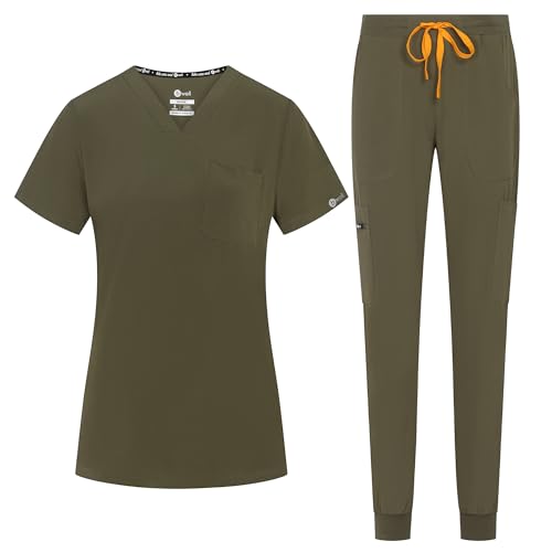 B-well Naomi Damen-Schrubb-Set Schlupfkasack + Schlupfhose Set Medizin Arzt Uniform Schlupfjacke Oberteil mit Hose Medizinische Berufsbekleidung mit Elastan (Olive, 3XL) von B-well