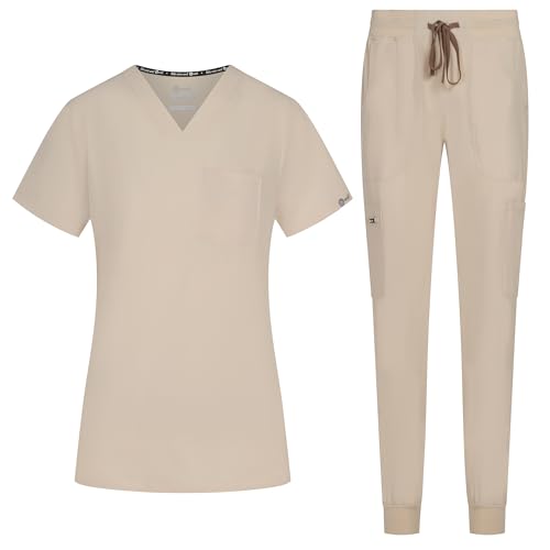 B-well Naomi Damen-Schrubb-Set Schlupfkasack + Schlupfhose Set Medizin Arzt Uniform Schlupfjacke Oberteil mit Hose Medizinische Berufsbekleidung mit Elastan (Sand, L) von B-well