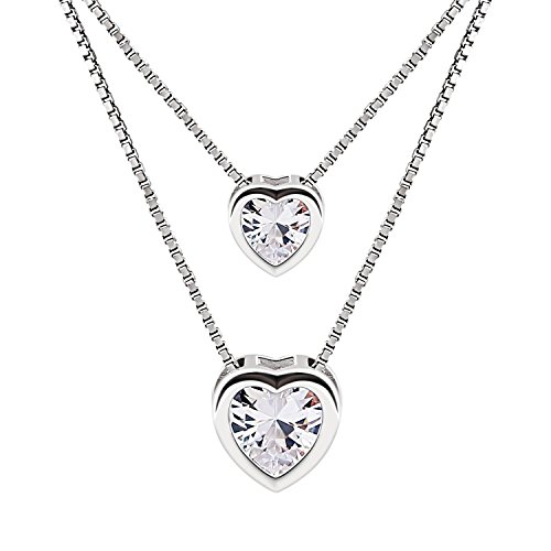 B.Catcher Doppelkette Herz Damen Halskette Anhänger 925 Sterling Silber Zirkonia Schmuck Weihnachtengeschenk für Damen/Frau/Freundin/Tochter von B.Catcher