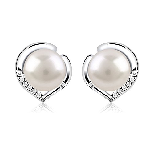 B.Catcher 925 Sterlingsilber Süßwasser-Perlen Ohrringe mit Zirkonia – Natürliche Perlen, Herz-Design, Elegant & Luxuriös von B.Catcher