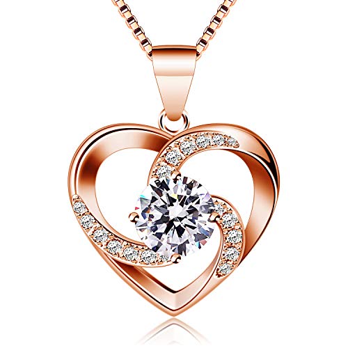 B.Catcher Kette Herz Damen Rosegold Halskette 925 Sterling Silber Anhänger ''Liebe ist das Glück'' Schmuck Zirkonia 45CM Kettenlänge Geschenk für Damen von B.Catcher