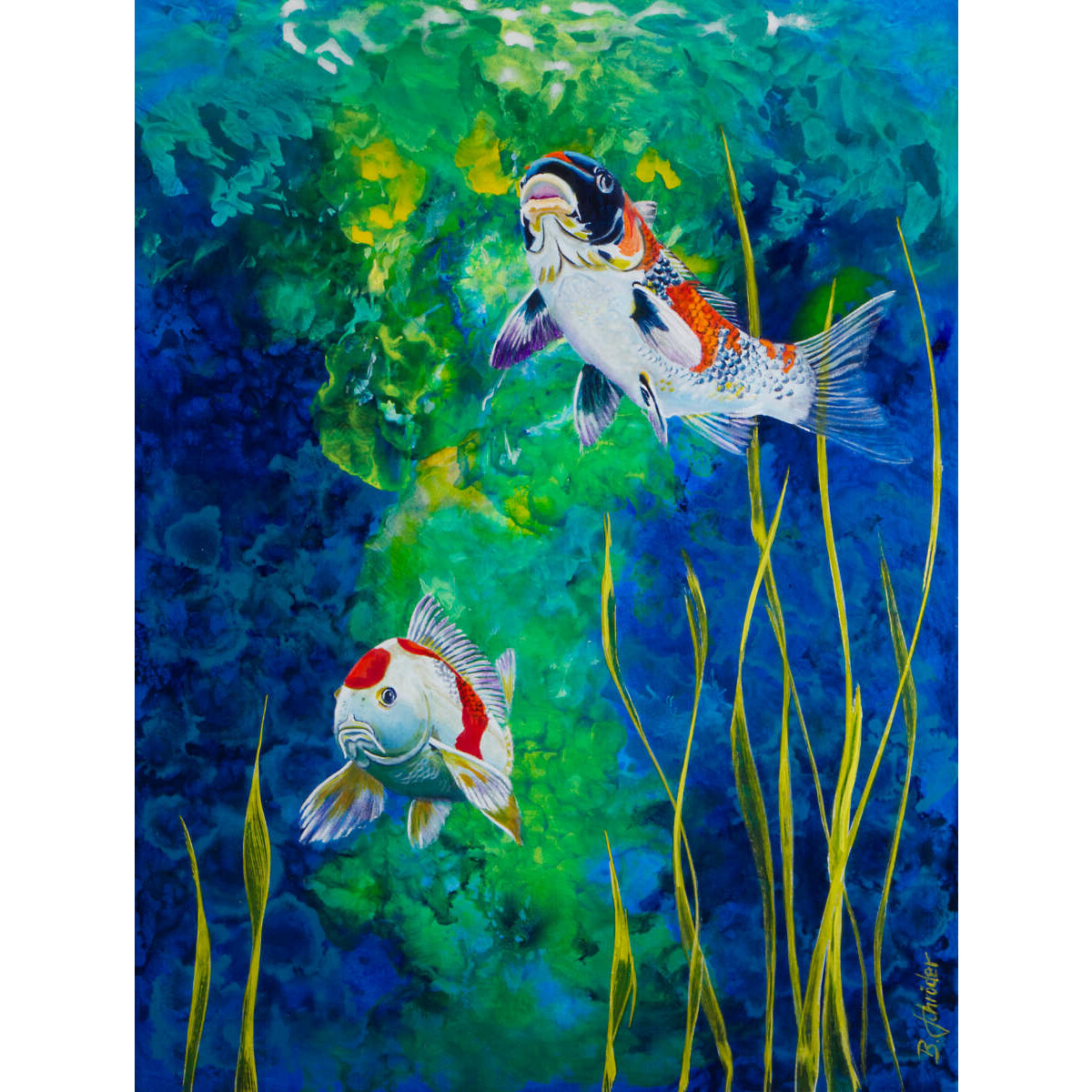 Acrylgemälde, Leinwandbild 2 Koifische Koifischteich Koi Karpfen Leinwanddruck 100cm x 75cm von BMS.ART