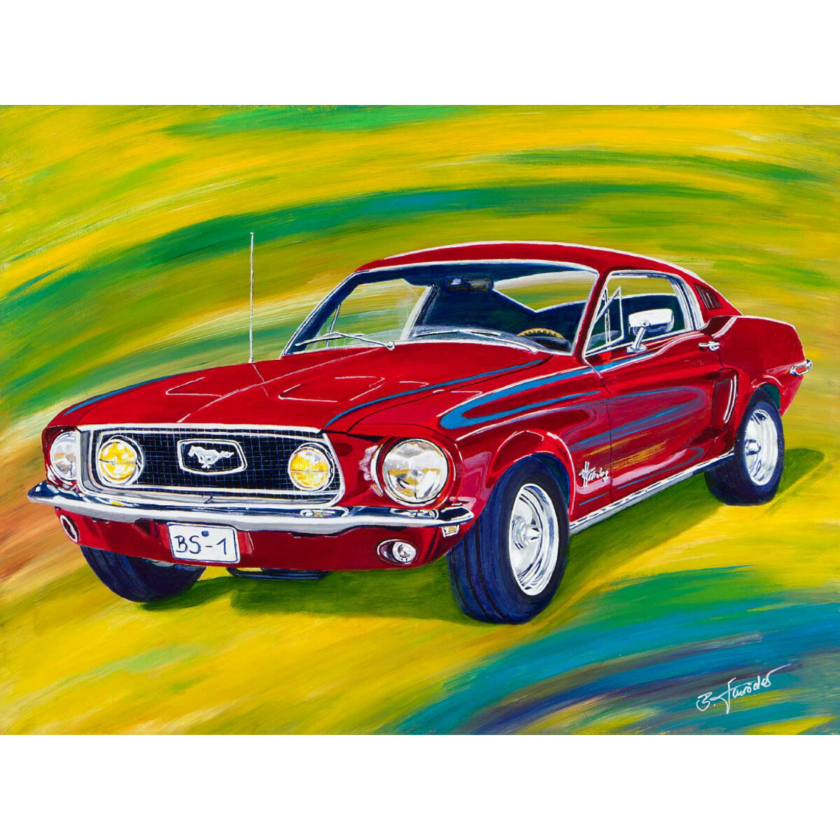 Leinwanddruck vom Acryl Gemälde Ford Mustang Fastback" 120x70cm" von BMS.ART