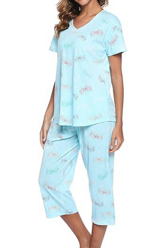 B.X Pyjama Damen gestrickter Baumwolle mit kurzen Ärmeln und kurzen Hosen Pyjama Großes lockeres lässiges Pyjama-Set mit Rundhalsausschnitt zweiteilig von B.X