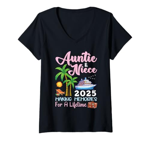 Damen Tante & Nichte 2025: Erinnerungen für eine lebenslange Kreuzfahrt T-Shirt mit V-Ausschnitt von B2Shop Happy New Trip Auntie & Niece
