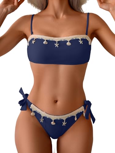 B2prity Bikini-Sets für Damen, zweiteiliger Badeanzug, Push-Up-Band, Bandeau-Top, Muschel-Bademode, Marineblau, XX-Large von B2prity