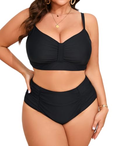 B2prity Damen-Bikini-Set, Übergröße, hohe Taille, zweiteiliger Badeanzug, Push-Up-Badeanzug, volle Abdeckung, Bademode, Schwarz, XL von B2prity