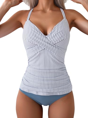 B2prity Damen-Tankini, gerüscht, V-Ausschnitt, Wickelverschluss, zweiteiliger Badeanzug, Bauchkontrolle, Bademode, Blau gestreift, Medium von B2prity