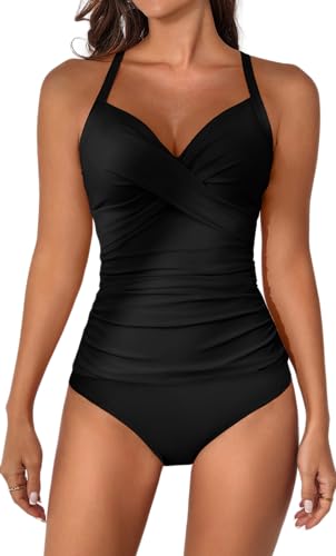 B2prity Damen-Tankini, gerüscht, V-Ausschnitt, Wickelverschluss, zweiteiliger Badeanzug, Bauchkontrolle, Bademode, Schwarz, XX-Large B2prity Damen-Tankini, gerüscht, V-Ausschnitt, Wickelverschluss, zweiteiliger Badeanzug, Bauchkontrolle, Bademode, Schwarz, XX-Large von B2prity