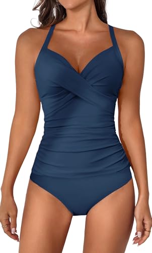 B2prity Damen-Tankini, gerüscht, V-Ausschnitt, Wickelverschluss, zweiteiliger Badeanzug, Bauchkontrolle, Bademode, pine green, Medium von B2prity