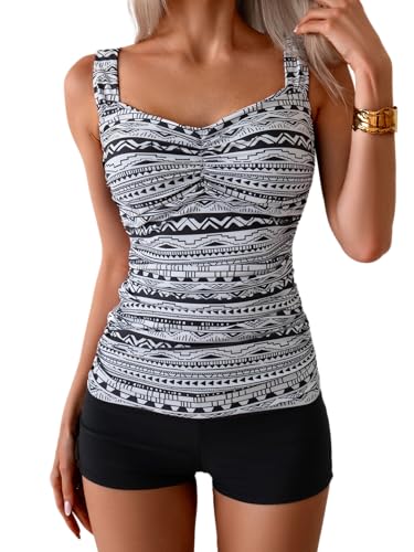 B2prity Damen-Tankini-Badeanzug, Bauchkontrolle, gerüscht, zweiteilig, Push-Up, bescheidener Badeanzug mit Shorts, Schwarz-weißer Druck, Large von B2prity