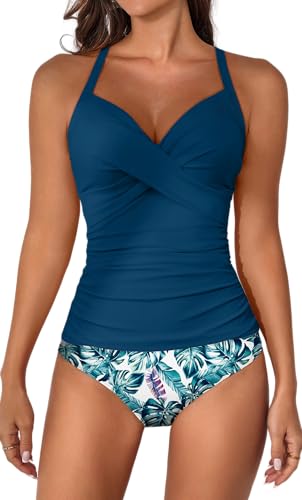 B2prity Damen Tankini Badeanzug mit Rüschen, V-Ausschnitt und Bindegürtel – Zweiteiliger Badeanzug mit Bauchkontroll-Effekt von B2prity