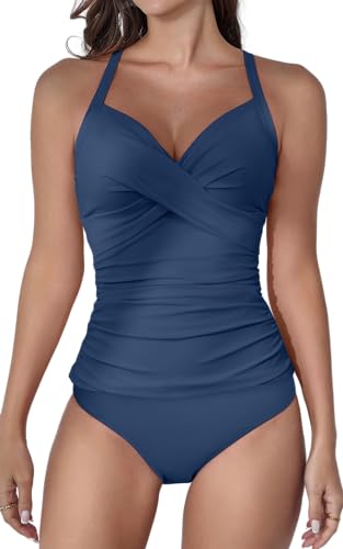 B2prity Damen Tankini Badeanzug mit Rüschen, V-Ausschnitt und Bindegürtel – Zweiteiliger Badeanzug mit Bauchkontroll-Effekt von B2prity