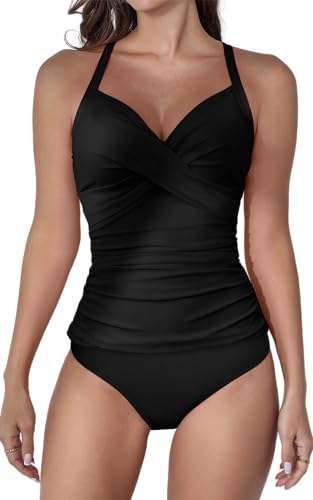 B2prity Damen Tankini Badeanzug mit Rüschen, V-Ausschnitt und Bindegürtel – Zweiteiliger Badeanzug mit Bauchkontroll-Effekt von B2prity