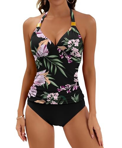 B2prity Neckholder-Tankini-Badeanzug für Damen, Bauchkontrolle, Zweiteiliger Badeanzug, V-Ausschnitt, Bademode mit Shorts, 15, Large von B2prity