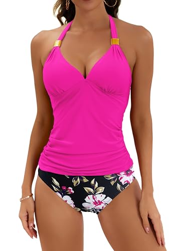 B2prity Neckholder-Tankini-Badeanzug für Damen, Bauchkontrolle, zweiteiliger Badeanzug, V-Ausschnitt, Bademode mit Shorts, Medium von B2prity