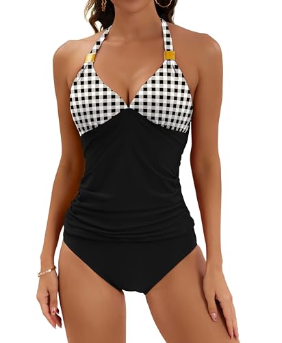 B2prity Neckholder-Tankini-Badeanzug für Damen, Bauchkontrolle, zweiteiliger Badeanzug, V-Ausschnitt, Bademode mit Shorts, Schwarz Plaid , Large von B2prity