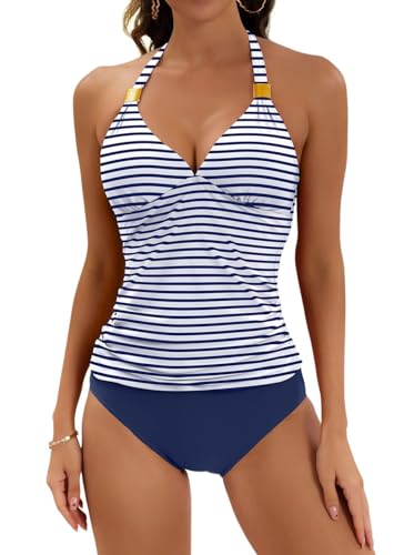 B2prity Neckholder-Tankini-Badeanzug für Damen, Bauchkontrolle, zweiteiliger Badeanzug, V-Ausschnitt, Bademode mit Shorts, Weiß/Blau gestreift, 3X-Large von B2prity