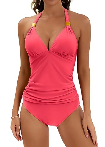 B2prity Neckholder-Tankini-Badeanzug für Damen, Bauchkontrolle, zweiteiliger Badeanzug, V-Ausschnitt, Bademode mit Shorts, wassermelone, Large von B2prity