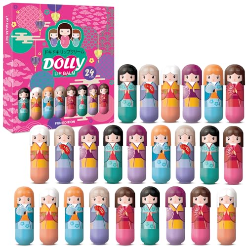Lip Balm Puppen-Set – 24 Lippenbalsame in niedlichen, von Kimono-Puppen inspirierten Dosen, 6 Düfte (Apfel, Banane, Kaugummi, Orange, Erdbeere, Vanille) je 2,5 g in einer wunderschön gestalteten Box von B4B