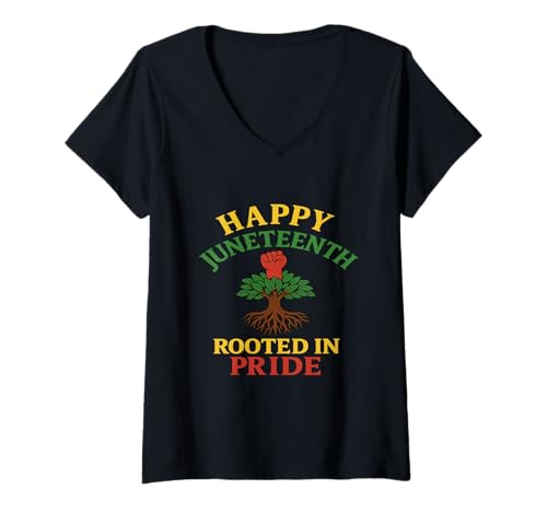 Damen Rooted in Pride Juneteenth Power Tree Art T-Shirt mit V-Ausschnitt von BAAAAA